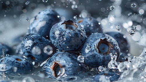 blueburry submerged in water, highlighting their rich color and the surrounding bubbles. photo