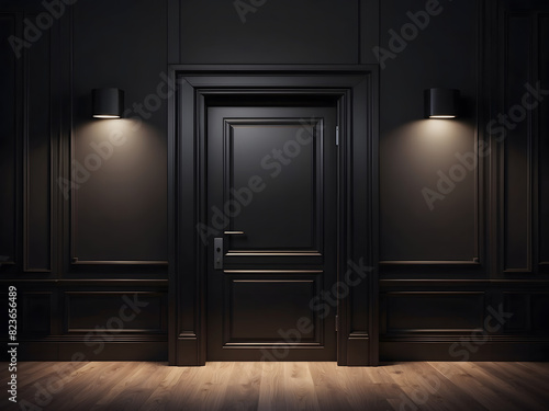 An architectural interior element for a modern minimalist concept with a closed door in a dark room on a black background design.