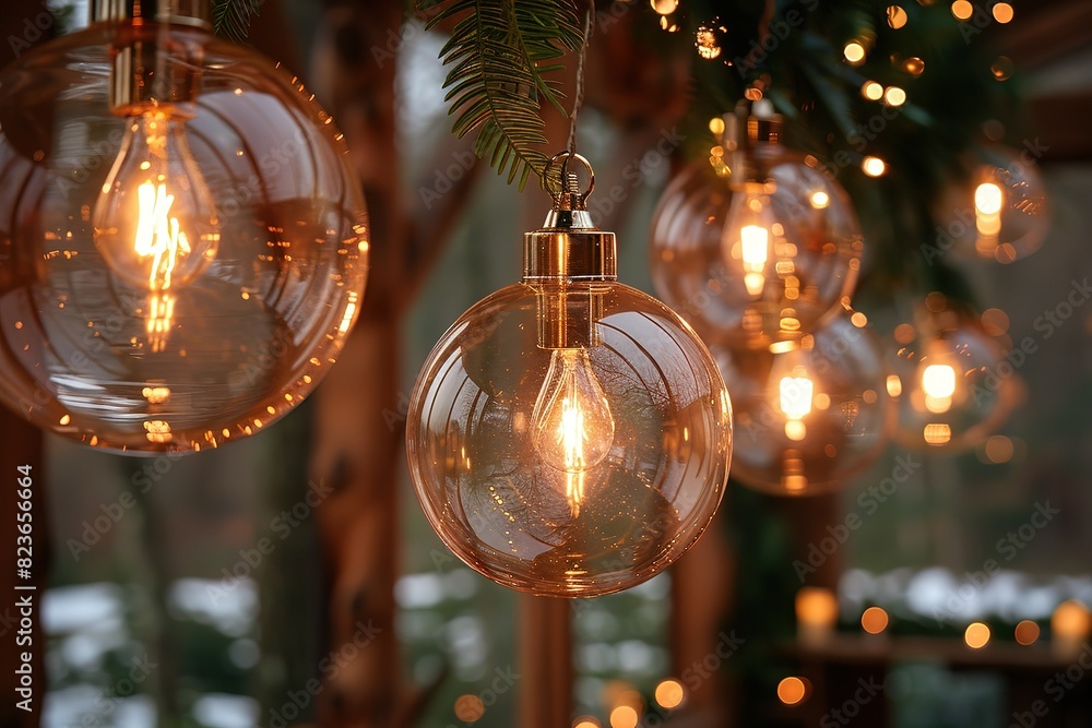 A string of Christmas lights with a few glass ornaments hanging from it A string of Christmas lights with a few glass ornaments hanging from it