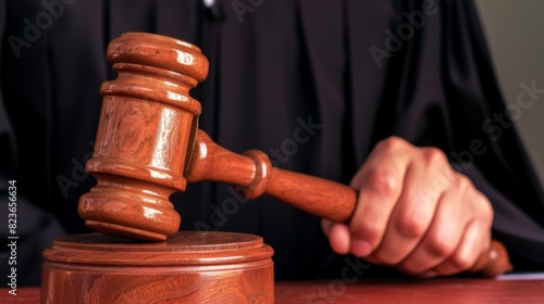 Midsection of a judge in black robes holding a wooden gavel, focused on the gavel, emphasizing the theme of justice and authority photo