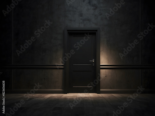 An architectural interior element for a modern minimalist concept with a closed door in a dark room on a black background design. © Mahmud