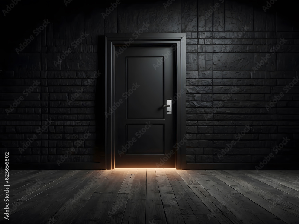 An architectural interior element for a modern minimalist concept with a closed door in a dark room on a black background design. An architectural interior element for a modern minimalist concept with a closed door in a dark room on a black background design.