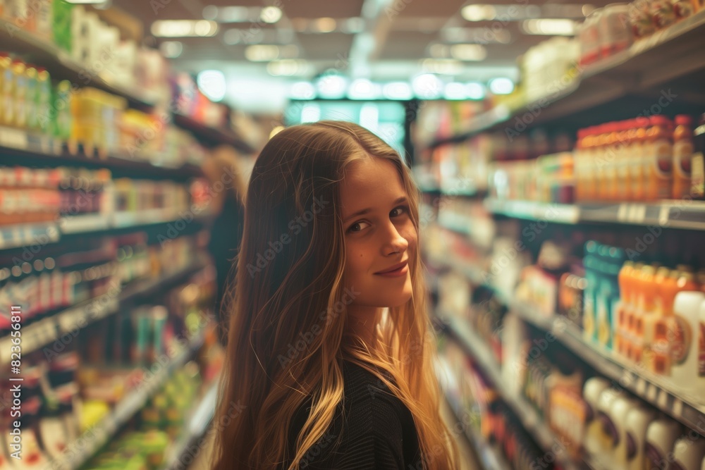 Portrait of a сute Slavic woman shopping in a supermarket. Retail customer concept Portrait of a сute Slavic woman shopping in a supermarket. Retail customer concept
