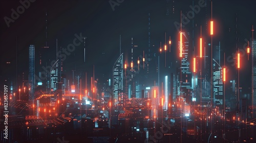 Illuminated Futuristic Cityscape with Glowing Skyscrapers and Neon Lights in the Night