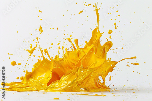 An energetic splatter of vibrant yellow acrylic paint, resembling the spontaneous burst of a sunflower, on a solid white background.