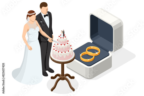 Isometric Golden wedding rings in a gift box, the groom in a suit and the bride in a brown wedding dress. Wedding cake with berries, figurines of bride and groom on top. Wedding ceremony.