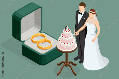 Isometric Golden wedding rings in a gift box, the groom in a suit and the bride in a brown wedding dress. Wedding cake with berries, figurines of bride and groom on top. Wedding ceremony.