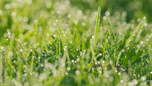 Morning Rays Of Sun And Wet Green Grass With Dew. Sparkling Morning Dew On Green Grass. Pan.