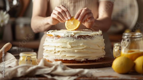 A Woman Garnishing Lemon Cake photo