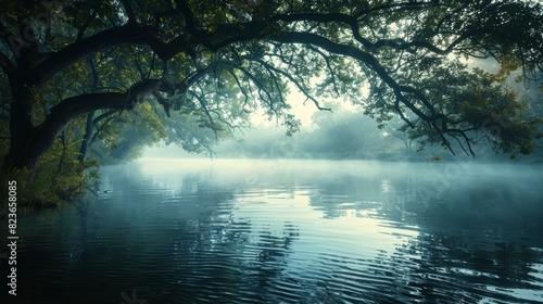 Quiet riverbank, flowing water and overhanging trees close up, focus on, copy space, soothing and cool tones, Double exposure silhouette with gentle river scene