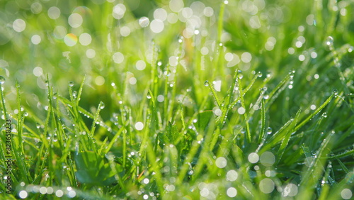 Fresh Green Grass With Dew Drops. Fresh Green Grass With Dew Drops In Sunshine On Autumn And Bokeh. Pan.