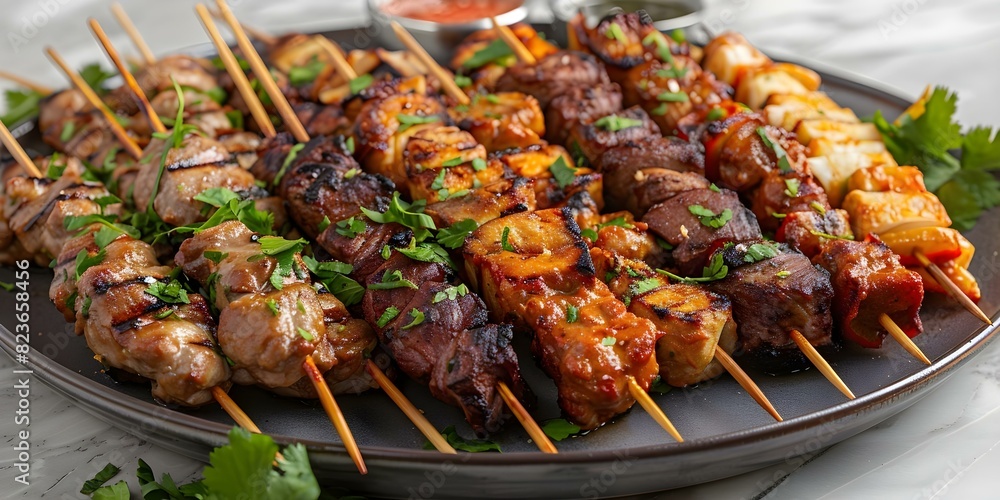 Delicious assortment of satay skewers artfully arranged on a plate. Concept Food Photography, Satay Skewers, Plating Presentation, Culinary Art, Gourmet Appetizer