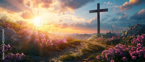 Easter morning with cross on Golgotha focus on, new beginnings, vibrant, manipulation, religious scenery photo