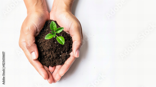 Young Seedling in Soil - A young seedling growing in soil, held by hands, representing growth, environmental care, and new beginnings.