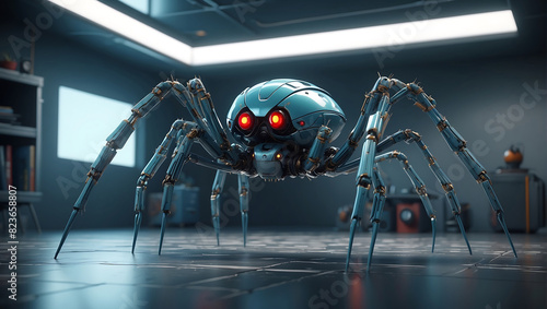 A futuristic mechanical spider with a sleek metallic body and glowing blue eyes stands prominently. The spider legs are jointed and detailed, displaying advanced technology photo