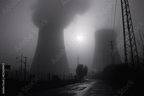 The sun faintly glimmers through the dense fog, silhouetting two towering power plant cooling towers photo