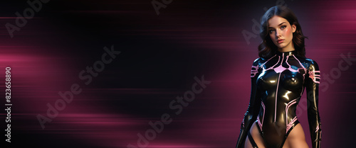 Beautiful young woman in latex BDSM costume. Dominance concept for sex shop. Female domination in sex. Powerful dominatrix in black costume on copy space background. BDSM party image in pink colors.