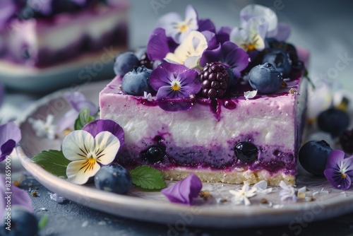 Piece of no-baked blueberry layered cheesecake topping with viola and blueberry on a plate