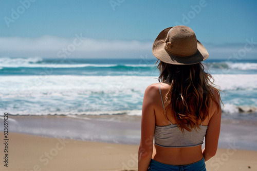 A woman from behind looks out to the sea, with her hat and the turquoise waters painting a serene scene photo