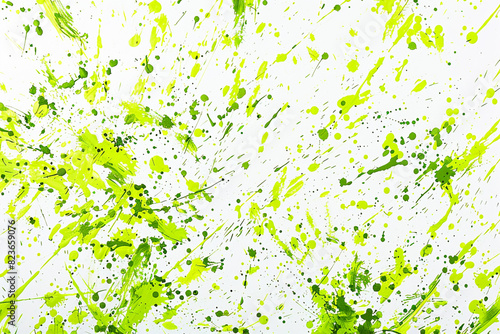 A sprawling, random pattern of splattered lime green acrylic paint, energetic and vibrant, on a solid white background, capturing the liveliness of spring foliage.
