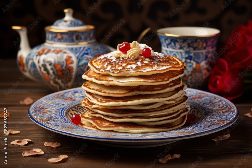 Exquisite pancakes on a rustic plate against a colorful tile background Exquisite pancakes on a rustic plate against a colorful tile background