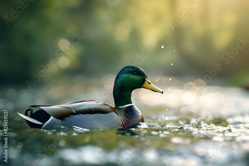 a duck swims in a deep river