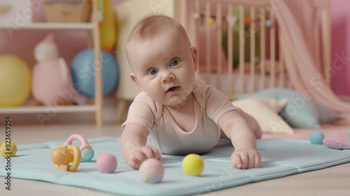 Baby Exploring Sensory Toys on a Soft Mat in a Pastel-Colored Room