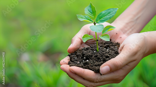 Seedling in Hands - A photo showcasing a pair of hands holding a seedling, with a green natural background, symbolizing hope, growth, and environmental protection.