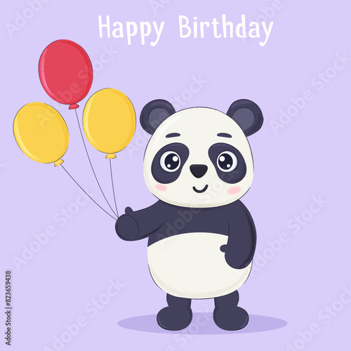Cute cartoon panda character with balloons. Children birthday card  invitation concept