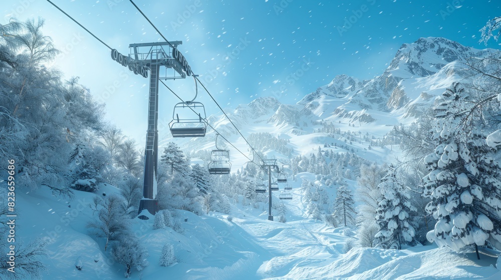 Ski lift over snowy mountains during twilight with a vibrant purple sky.