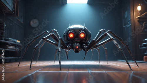 A futuristic mechanical spider with a sleek metallic body and glowing blue eyes stands prominently. The spider legs are jointed and detailed, displaying advanced technology photo