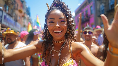 A dynamic wide-angle shot capturing a ladyboy leading a Pride Month parade, surrounded by a diverse group of people celebrating with joy and enthusiasm