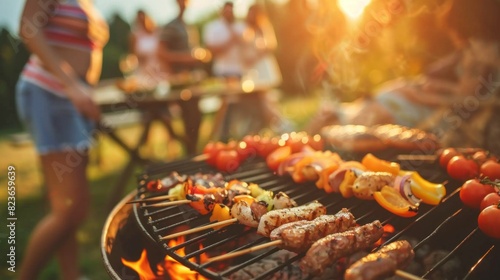 A group of people are gathered around a grill  cooking food