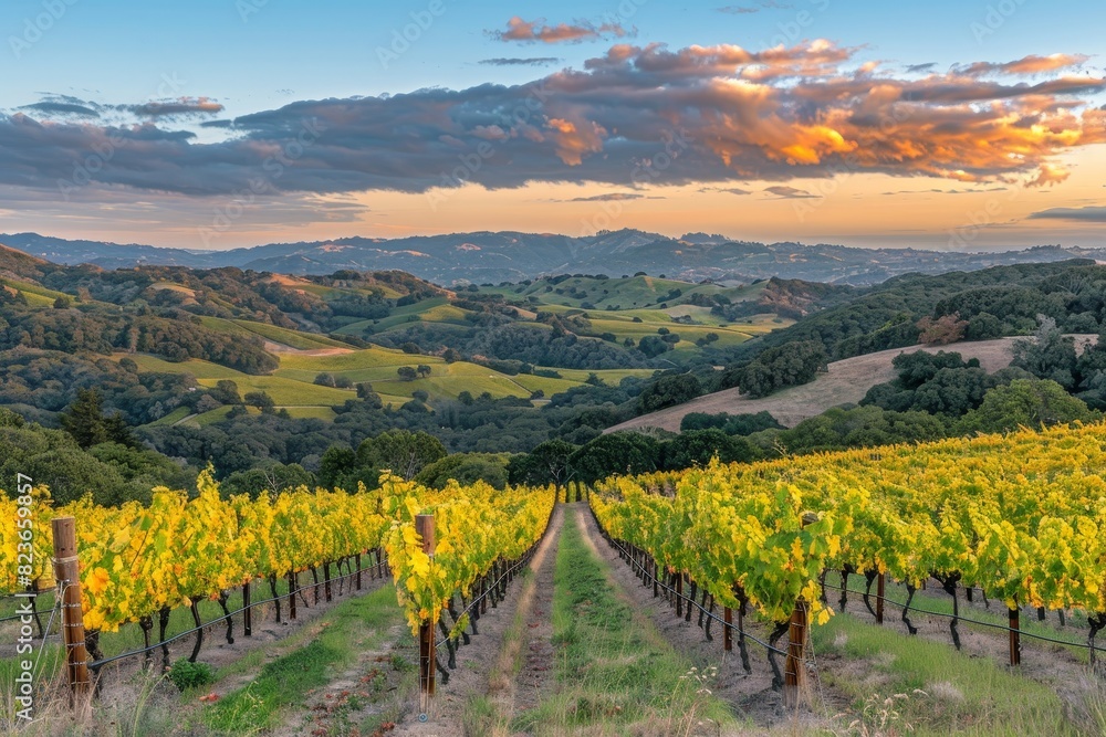 Naklejka premium Golden hour glow grapevines transitioning from green to gold in the evening sun