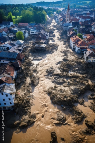 Devastating Coastal Flood Engulfs Buildings During Natural Cataclysm at Daybreak