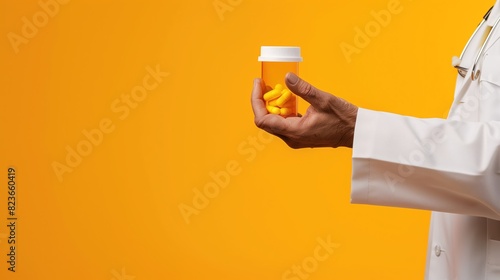 A doctor’s hand holding a pill bottle