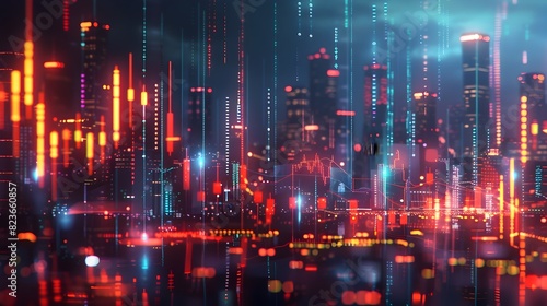 Glowing Futuristic Metropolis in Vibrant Digital Cityscape with Neon Skyscrapers and Illuminated Structures Representing Technological Innovation and
