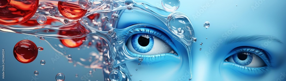 Close-up of abstract human face with water and red spheres, emphasizing emotion, surrealism, and visual creativity in digital art. Close-up of abstract human face with water and red spheres, emphasizing emotion, surrealism, and visual creativity in digital art.