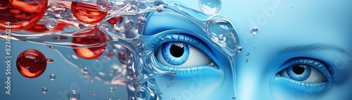 Close-up of abstract human face with water and red spheres  emphasizing emotion  surrealism  and visual creativity in digital art.