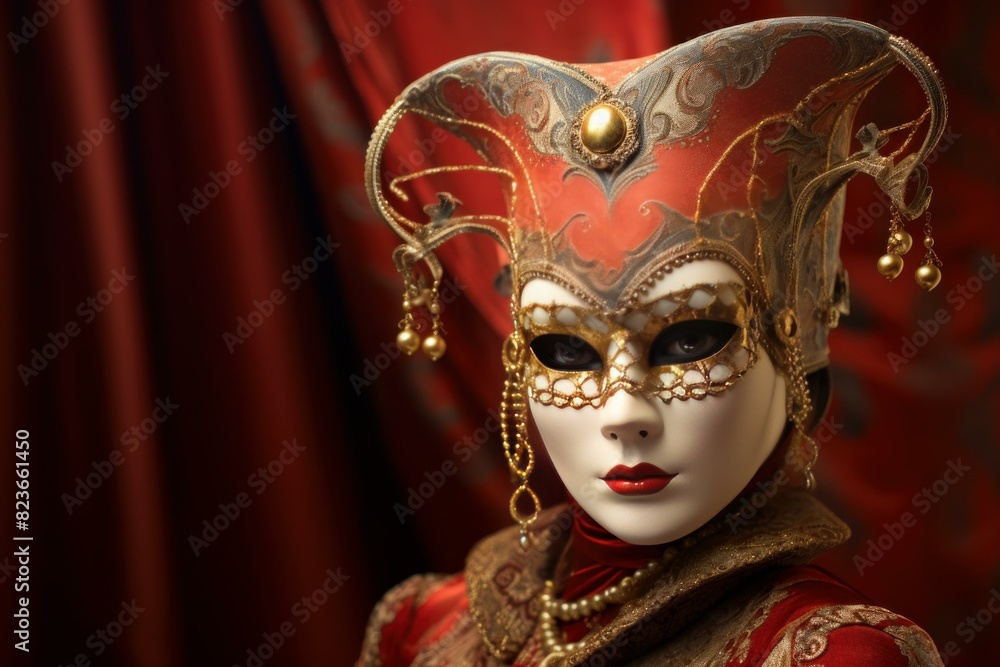 Detailed venetian mask with gold trim during the carnival, against a draped red velvet backdrop Detailed venetian mask with gold trim during the carnival, against a draped red velvet backdrop