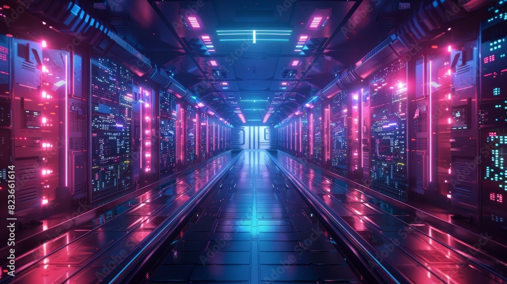 Fototapeta premium ERP system with virtual resource management tools, front view, Cybernetic tone, Tetradic colors, High detail