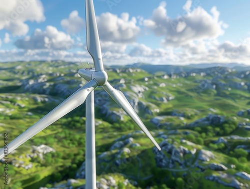 A wind turbine stands tall in a lush, green hilly landscape under a bright blue sky with scattered clouds.