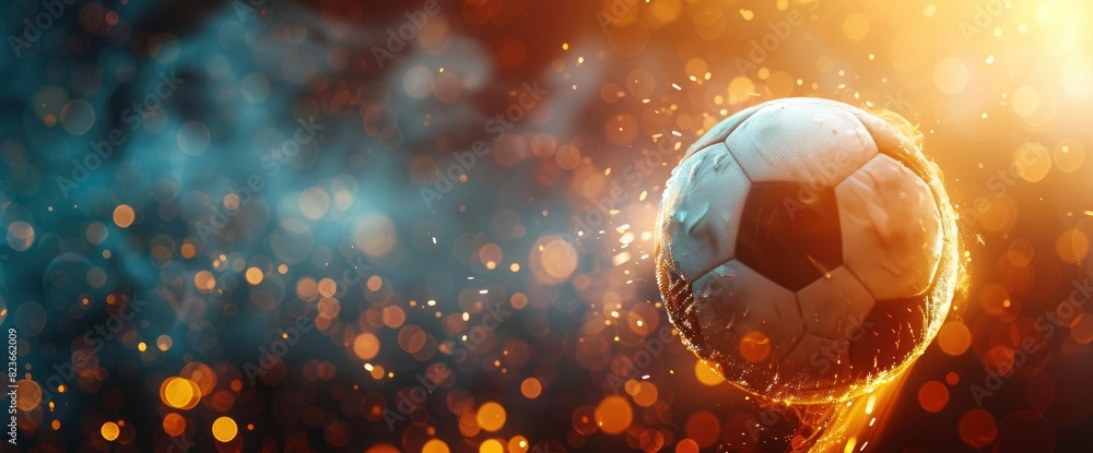 Fototapeta premium Glowing Football In An Abstract, Dark Void In Motion With Copy Space, Football Background