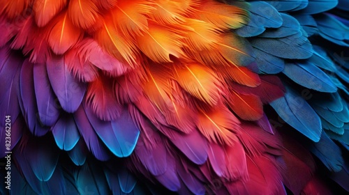 A parrots vibrant feathers detailed in a macro photography session, illustrating texture and color, copy space, nature detail theme, vibrant, Multilayer, indoor studio photo
