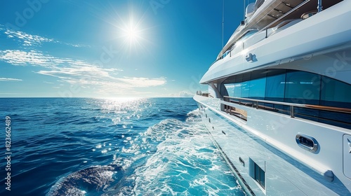 Luxury yacht on clear blue waters, sunbathing deck close up, focus on, copy space, bright and pristine hues, Double exposure silhouette with ocean waves photo