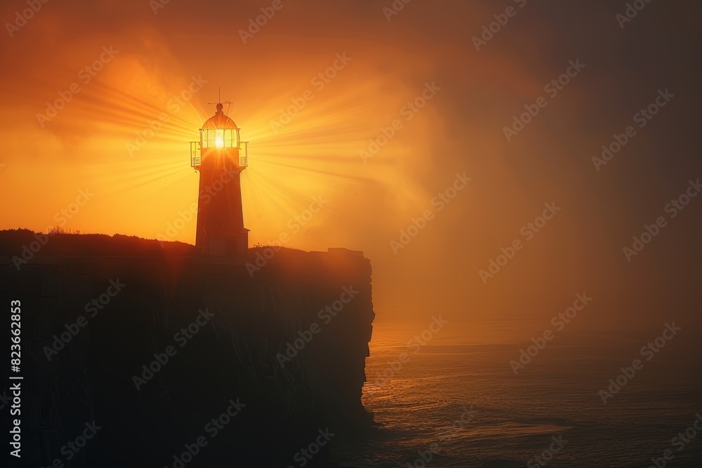 Lighthouse on coastal cliff, guiding light at dusk close up, focus on, copy space, soft and luminous tones, Double exposure silhouette with sea views