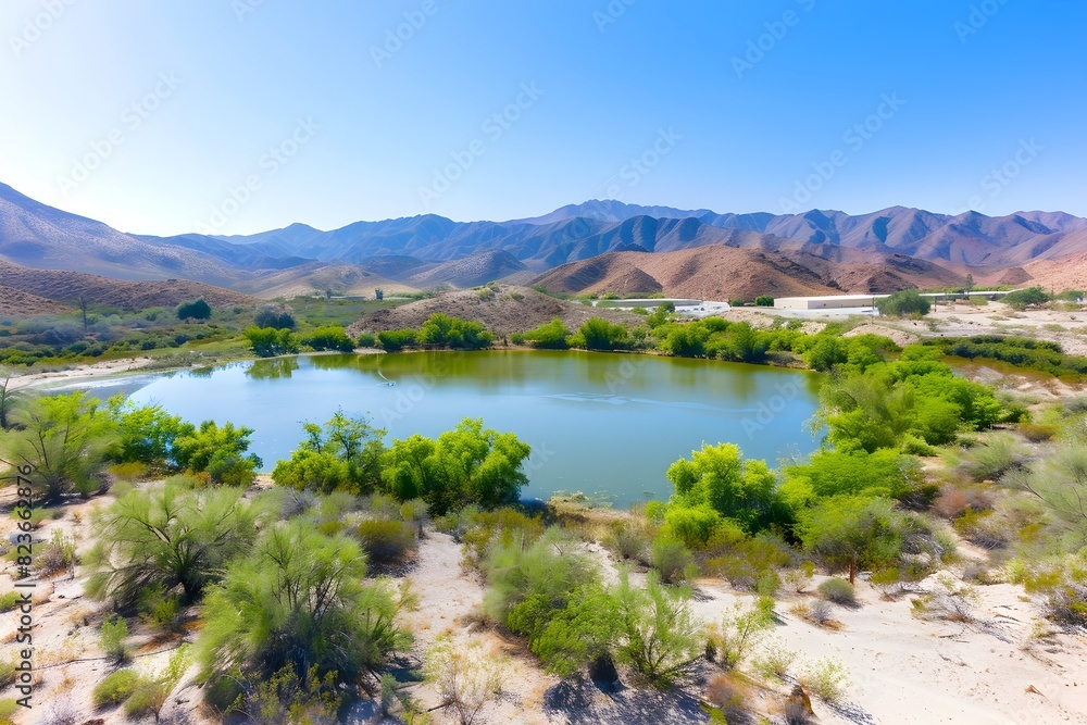Picturesque Desert Oasis with Serene Lake and Majestic Mountain Backdrop