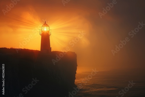 Lighthouse on coastal cliff, guiding light at dusk close up, focus on, copy space, soft and luminous tones, Double exposure silhouette with sea views