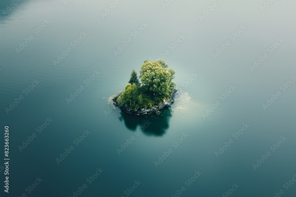 Aerial view of a lone island in the middle of a calm lake, surrounded by still water. Highlight the isolation and minimalist beauty of the scene, with the island as the focal point. Aerial view of a lone island in the middle of a calm lake, surrounded by still water. Highlight the isolation and minimalist beauty of the scene, with the island as the focal point.
