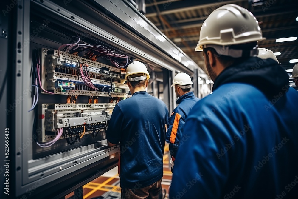Several men in work attire are standing next to each other in front of a large machine. They appear to be electricians working together to install or repair equipment Several men in work attire are standing next to each other in front of a large machine. They appear to be electricians working together to install or repair equipment